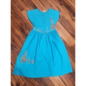 Vtg 90s Sea Winds Floral Embroidered Dress Midi Blue Cotton Coastal Boho M